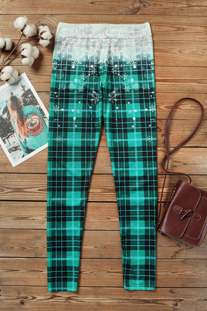

Leggings Christmas Gradient Plaid Snowflake Leggings in Green. Size: L,M,,XL