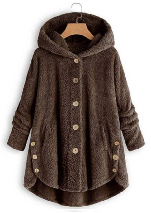 Coats Button Fuzzy Hooded Warm Coat - Coffee in Brown. Size: M