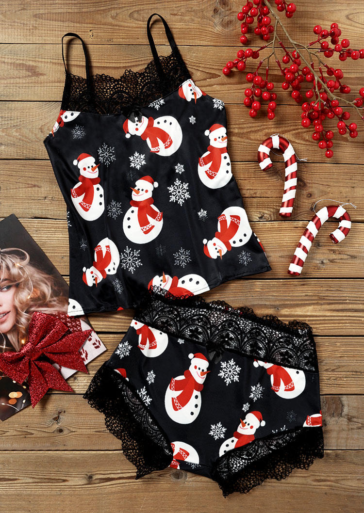 

Sleepwear Christmas Snowman Lace Splicing Camisole And Shorts Pajamas Set in Multicolor. Size