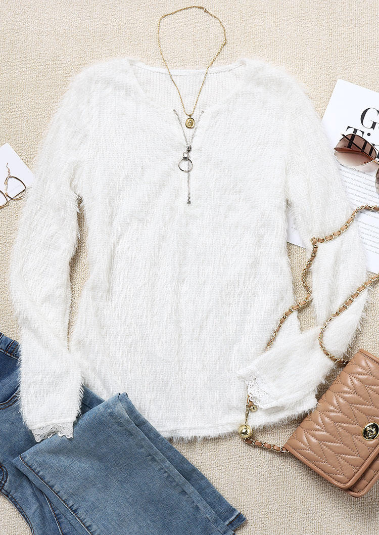 

Sweaters Zipper Lace Splicing Fuzzy Long Sleeve Sweater in White. Size: ,XL