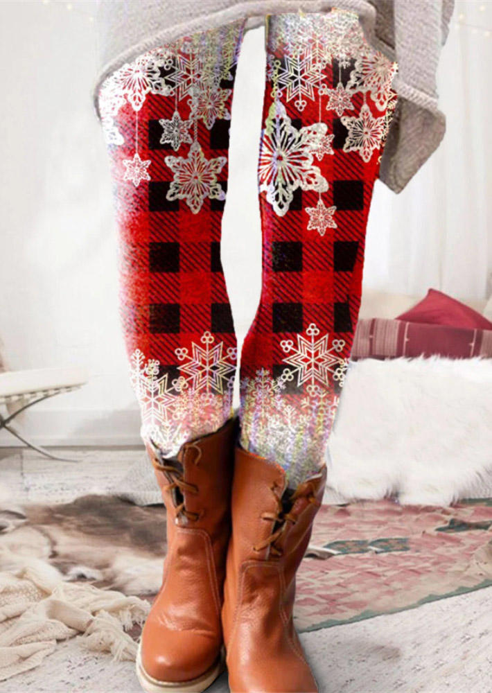 Leggings Christmas Snowflake Plaid Elastic Waist Skinny Leggings in Red. Size: L,M,S,XL