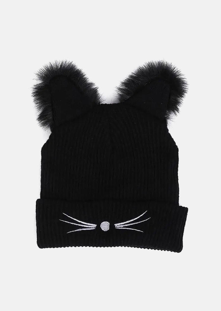 Hats Plush Cat Whiskers Beanie Hat in Black. Size: One Size