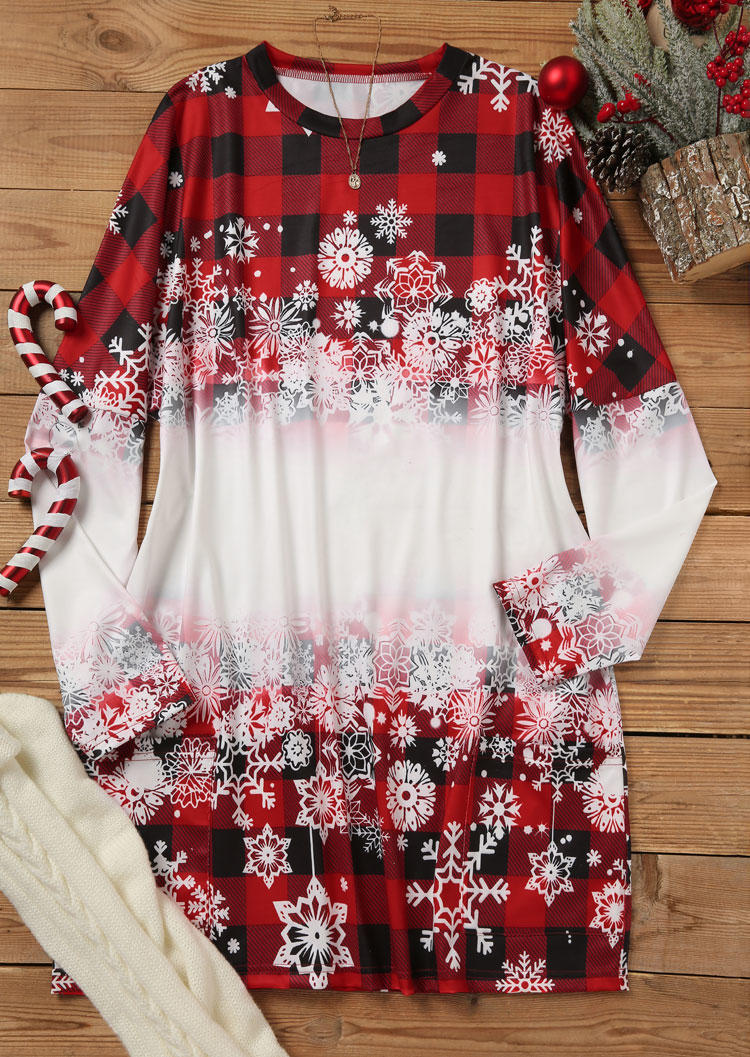 Mini Dresses Christmas Snowflake Plaid Gradient Mini Dress in Red. Size: L,M,S,XL