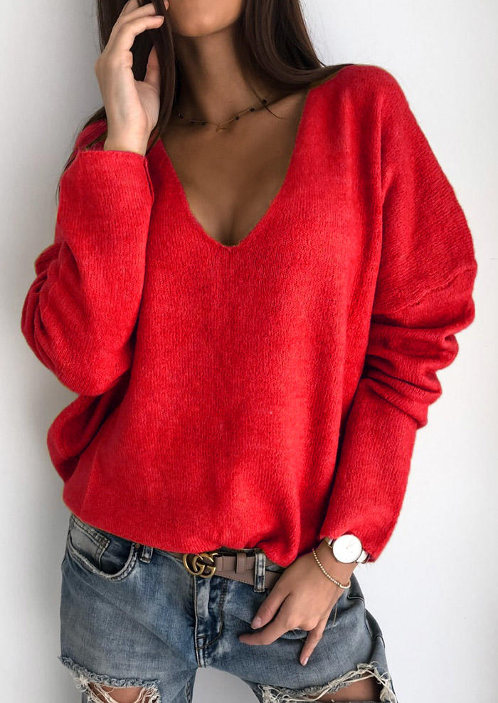 

Sweaters Long Sleeve V-Neck Casual Sweater in Red. Size