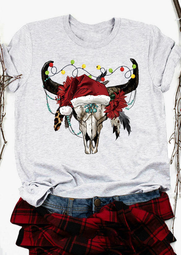 

T-shirts Tees Christmas Hat Lantern Steer Skull Leopard T-Shirt Tee - Light Grey in Gray. Size