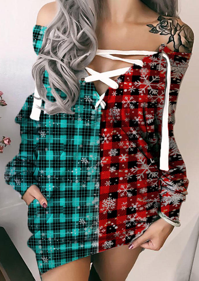 

Mini Dresses Christmas Snowflake Plaid Color Block Pocket Lace Up Sweatshirt Mini Dress in Multicolor. Size: L,M,,XL