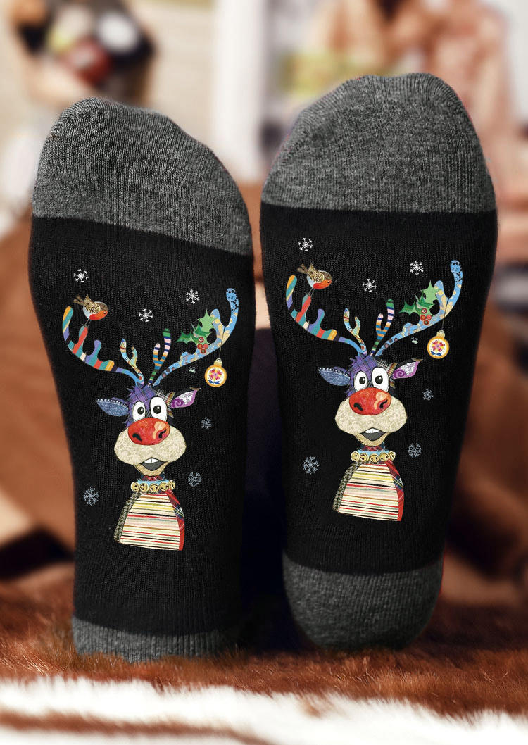 

Crew Socks Christmas Reindeer Snowflake Casual Crew Socks in Black. Size
