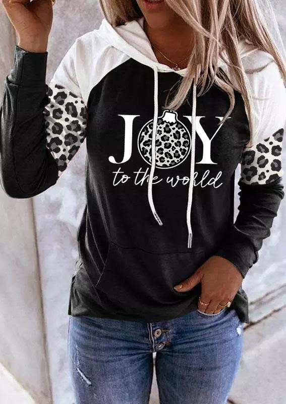 

Hoodies Joy To The World Leopard Kangaroo Pocket Hoodie in Black. Size: L,M,,XL