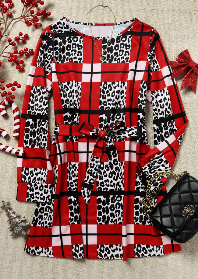 

Mini Dresses Leopard Plaid O-Neck Mini Dress With Belt in Red. Size: ,M,S,XL