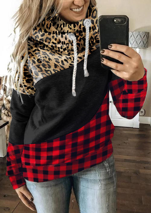 

Hoodies Leopard Plaid Long Sleeve Hoodie in Multicolor. Size: L,M,,XL