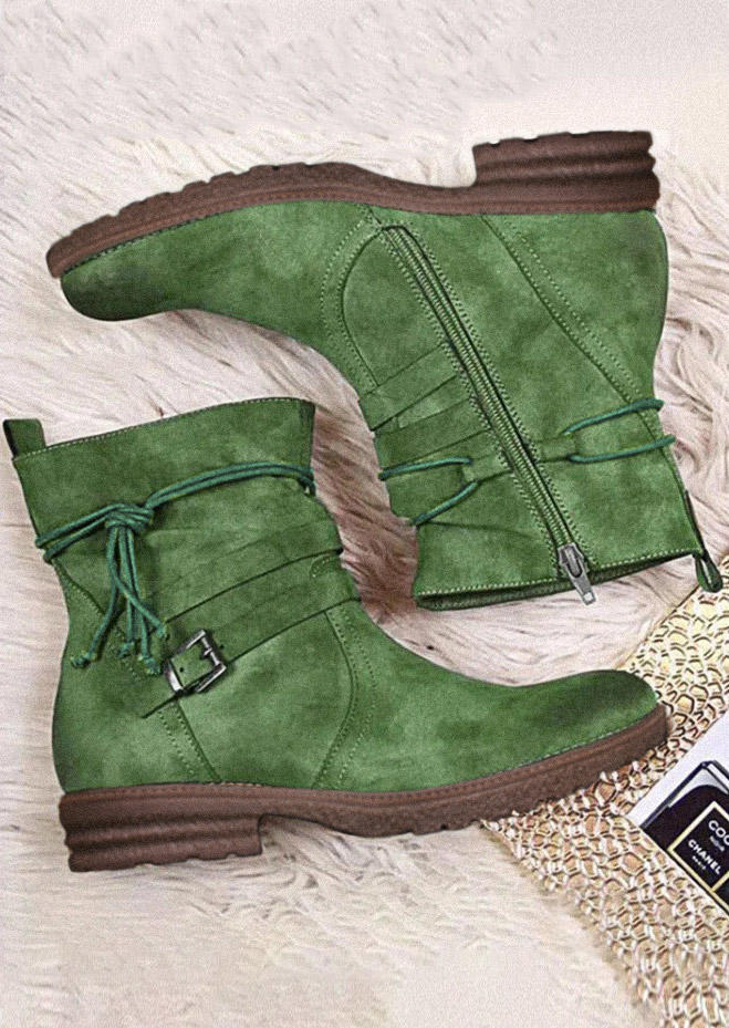 Buckle Strap Zipper Square Heel Ankle Boots - Green