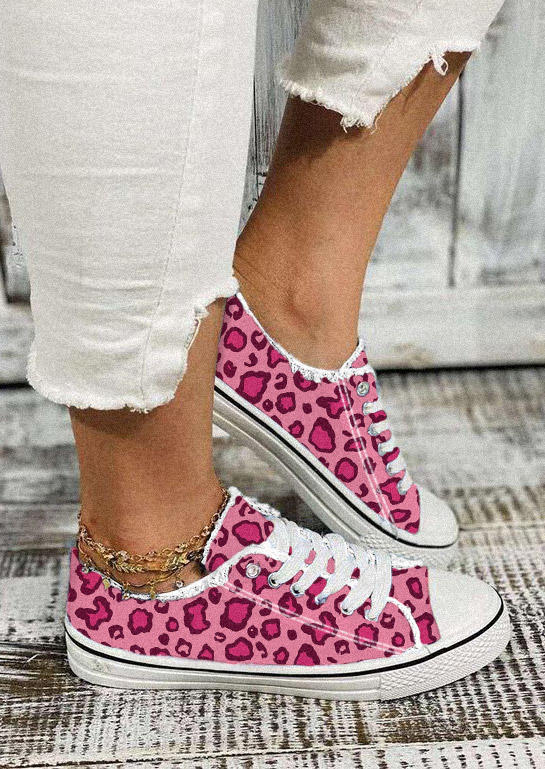 Leopard Lace Up Round Toe Flat Sneakers - Pink