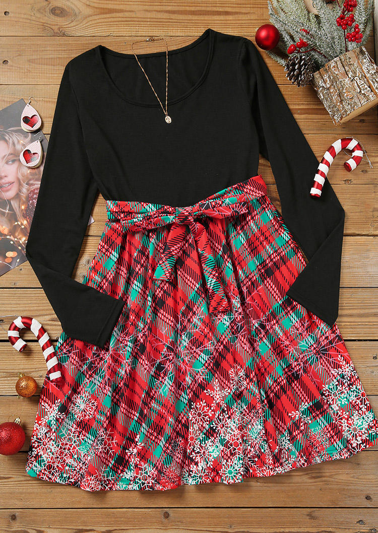 Mini Dresses Christmas Snowflake Plaid Tie Mini Dress With Belt in Multicolor. Size: L,M,S,XL