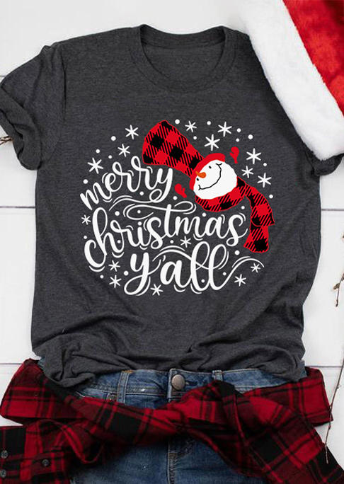 T-shirts Tees Merry Christmas Y'all Snowflake Plaid T-Shirt Tee - Dark Grey in Gray. Size: S