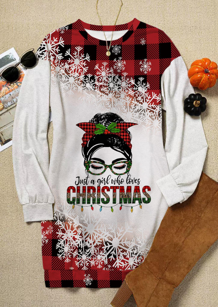 

Mini Dresses Just A Girl Who Loves Christmas Plaid Snowflake Sweatshirt Mini Dress in Multicolor. Size: L,M,,XL