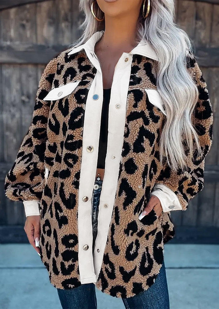 

Coats Leopard Pocket Button Plush Warm Coat in Multicolor. Size: L,M,,XL