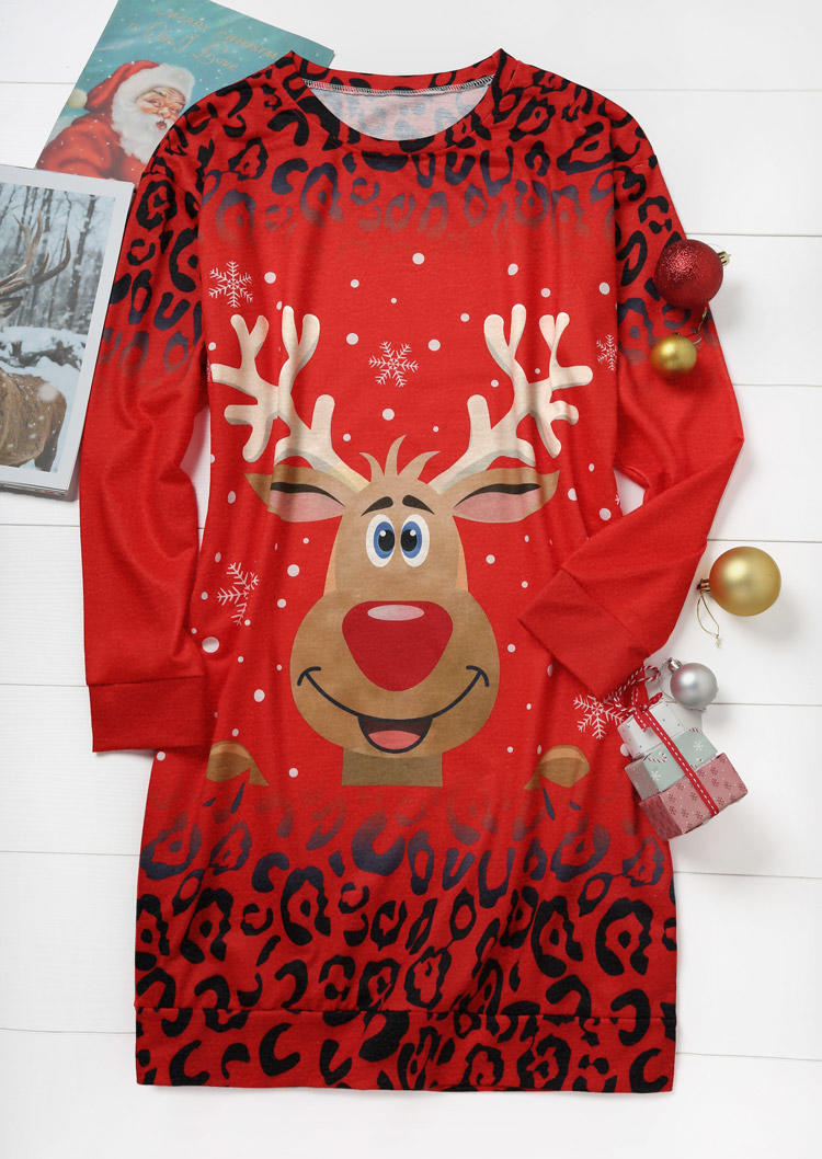

Mini Dresses Christmas Reindeer Snowflake Leopard Sweatshirt Mini Dress in Red. Size