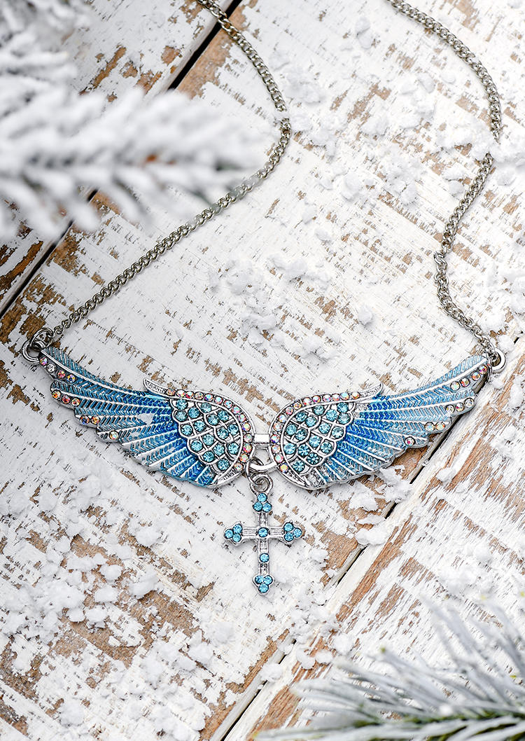 Necklaces Angel Wings Cross Rhinestone Necklace in Blue. Size: One Size