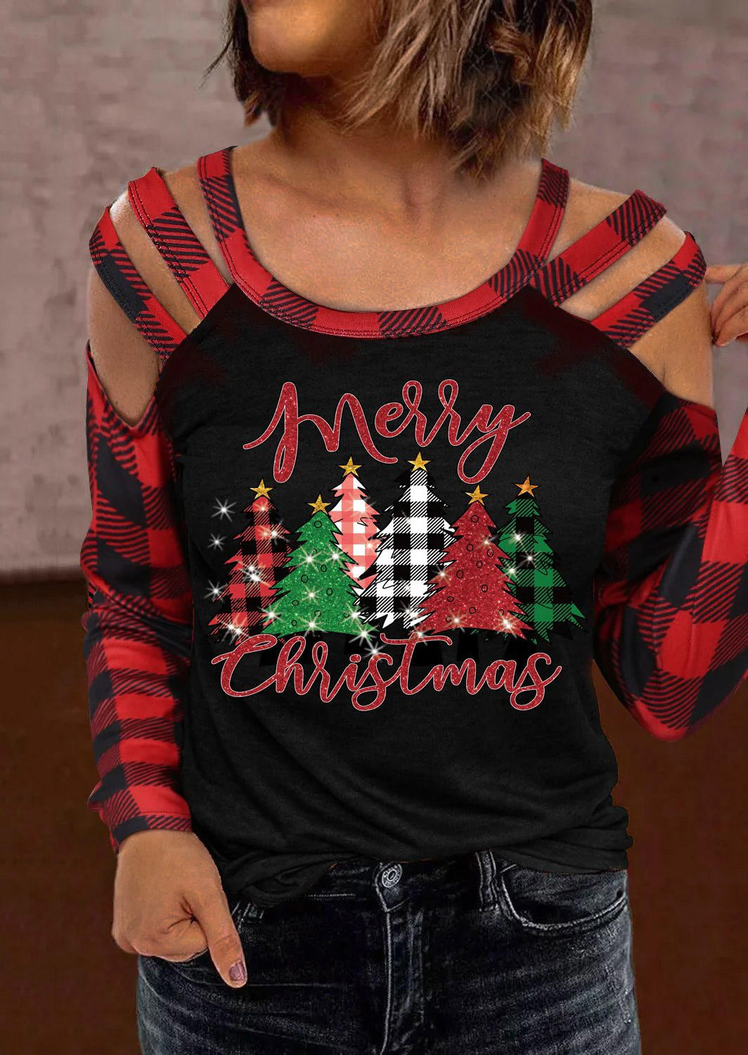 

Blouses Merry Christmas Plaid Hollow Out Blouse in Multicolor. Size: L,M,,XL