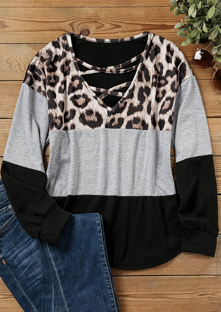 

Blouses Leopard Color Block Criss-Cross Long Sleeve Blouse in Multicolor. Size