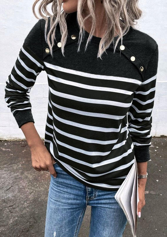 

Blouses Striped Button Long Sleeve Blouse in Black. Size