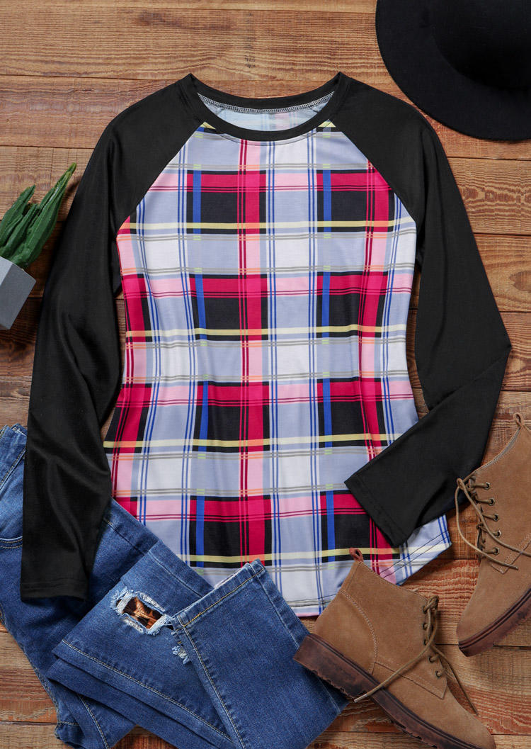 

Blouses Plaid Long Sleeve O-Neck Blouse in Multicolor. Size