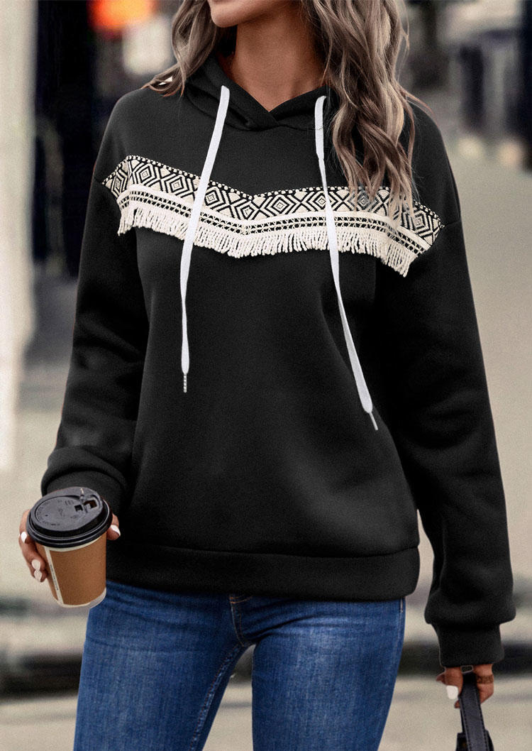 

Hoodies Geometric Tassel Long Sleeve Hoodie in Black. Size