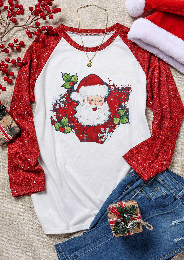 Christmas Glitter Santa Claus Raglan Sleeve T-Shirt Tee - White