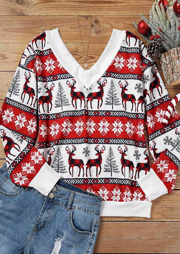 

Blouses Christmas Reindeer Snowflake Plaid Blouse in Multicolor. Size: L,M