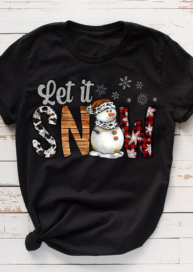 Christmas Let It Snow Snowman Snowflake Plaid T-Shirt Tee - Black
