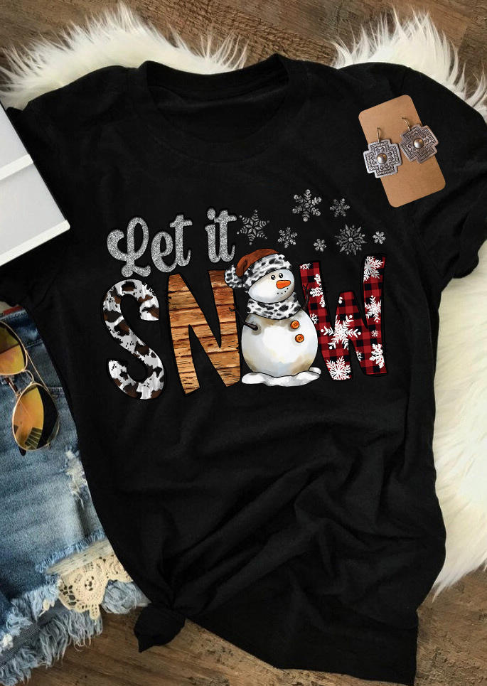T-shirts Tees Christmas Let It Snow Snowman Snowflake Plaid T-Shirt Tee in Black. Size: M,XL