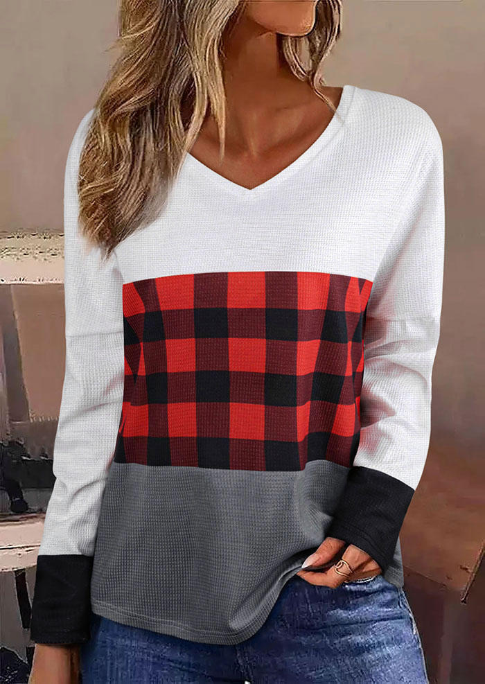 Buffalo Plaid Color Block V-Neck Blouse
