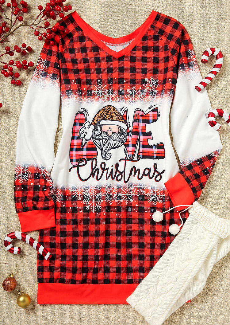 Mini Dresses Love Christmas Santa Claus Snowflake Buffalo Plaid Sweatshirt Mini Dress in Red. Size: L,M,S