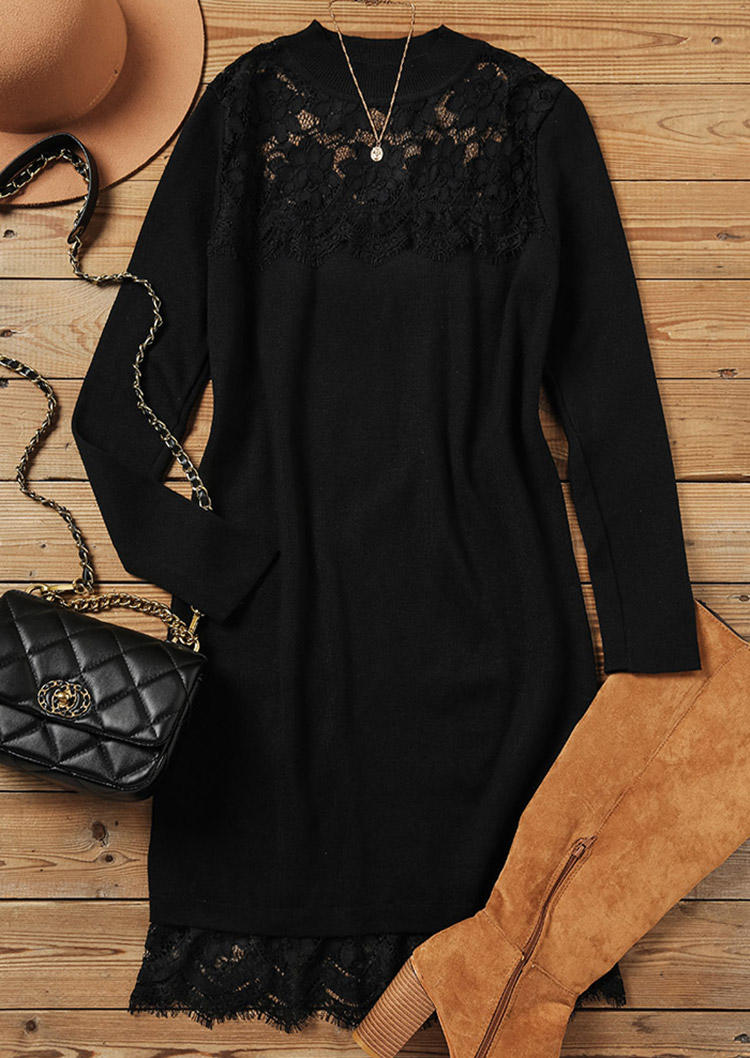 Bodycon Dresses Lace Splicing Turtleneck Bodycon Dress in Black. Size: One Size