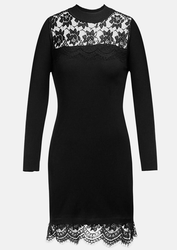 Lace Splicing Turtleneck Bodycon Dress - Black