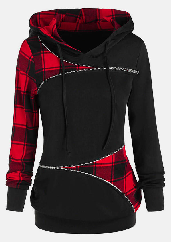 

Hoodies Buffalo Plaid Drawstring Zipper Hoodie in Multicolor. Size: L,M,,XL