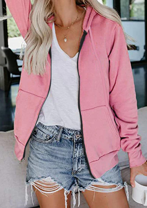 Coats Zipper Pocket Long Sleeve Hooded Coat in Pink. Size: L