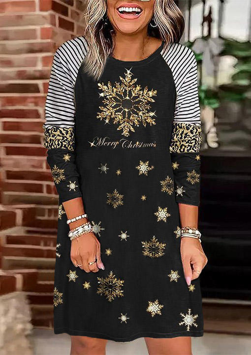 Merry Christmas Snowflake Leopard Striped Mini Dress - Black