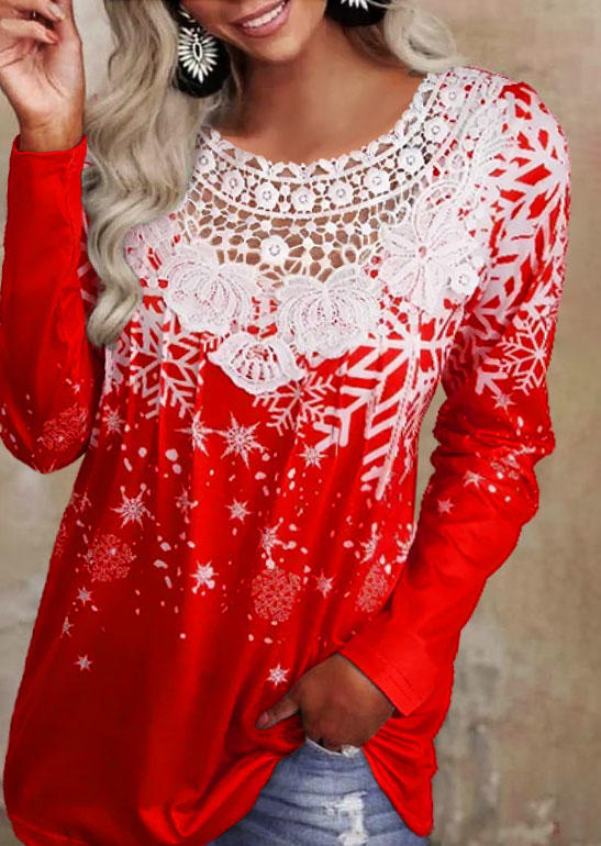 

Blouses Christmas Snowflake Lace Splicing O-Neck Blouse in Red. Size