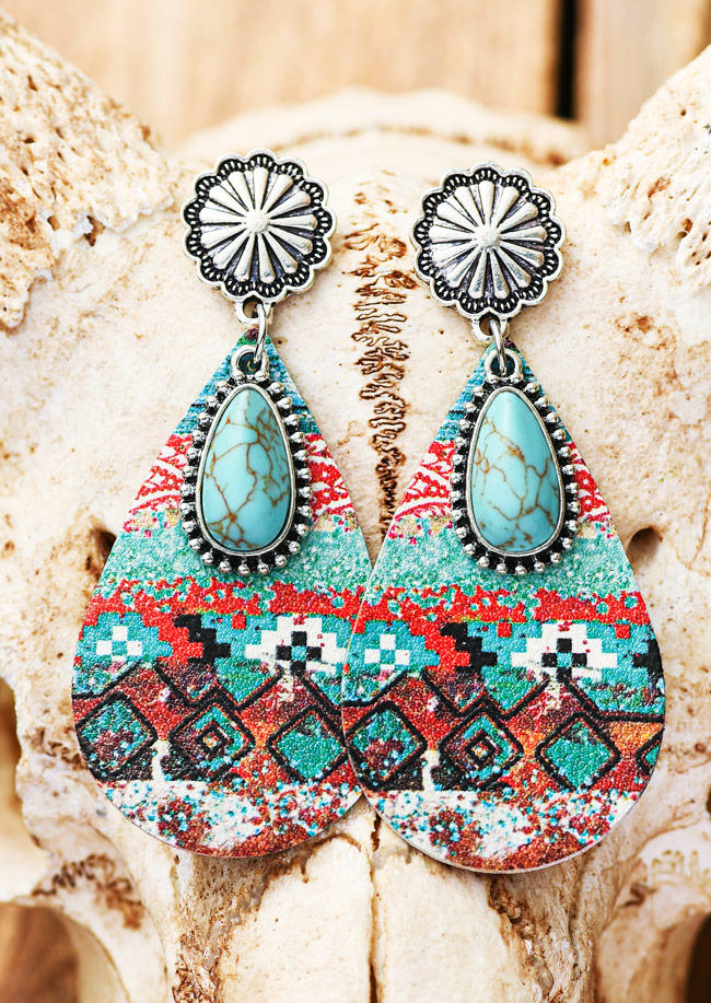 Earrings Aztec Geometric Turquoise PU Leather Earrings in Blue,Multicolor. Size: One Size