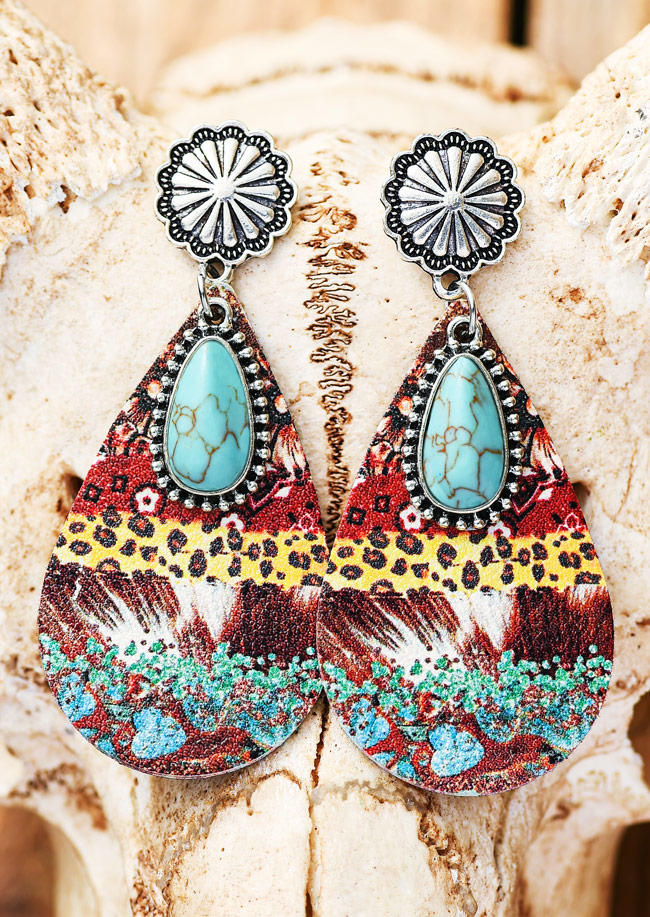 

Earrings Aztec Geometric Turquoise PU Leather Earrings in Blue. Size
