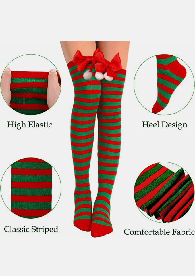 Christmas Striped Bowknot Over Knee Socks