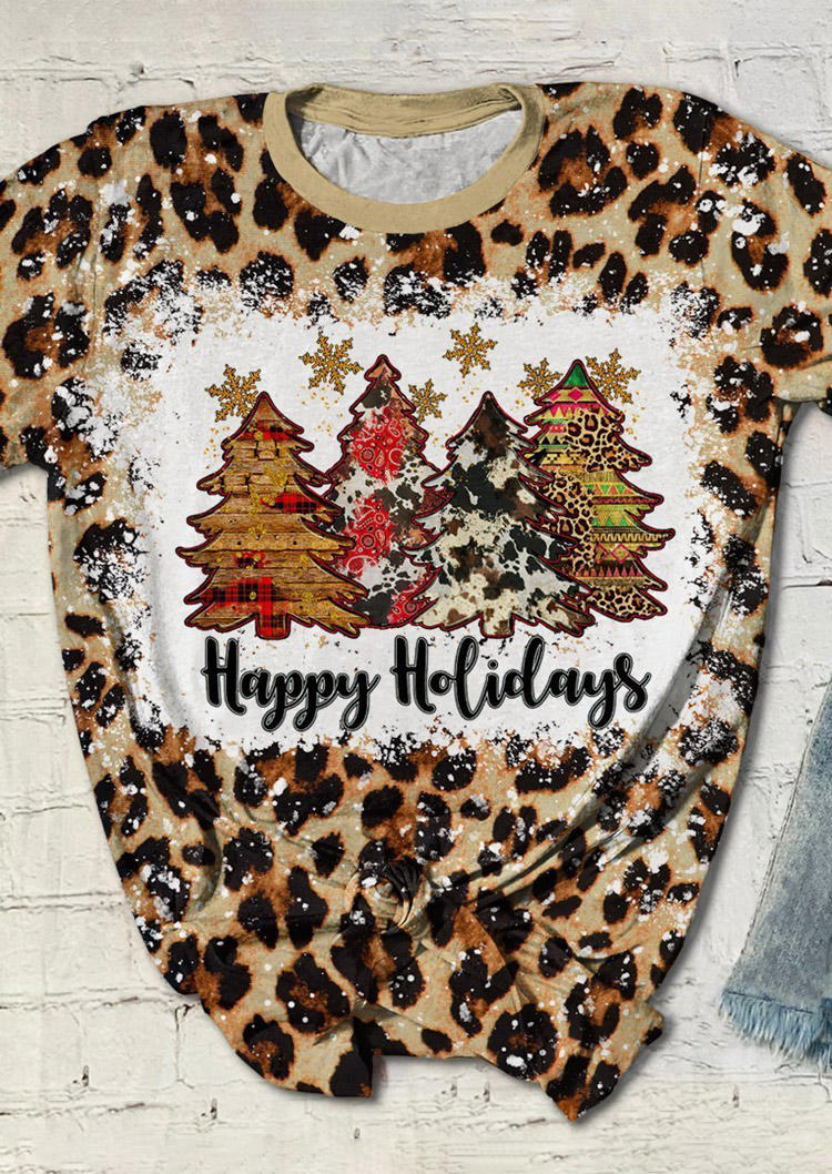 T-shirts Tees Christmas Happy Holidays Tree Leopard T-Shirt Tee in Multicolor. Size: L,M,XL