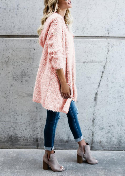 

Cardigans Fuzzy Hooded Warm Open Front Cardigan in Pink. Size