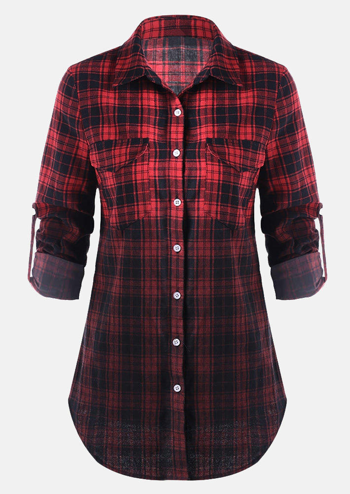 

Shirts Gradient Plaid Button Fake Pocket Shirt in Multicolor. Size: L,M,,XL