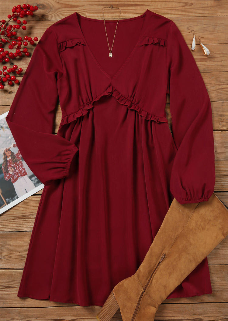 

Mini Dresses Ruffled Long Sleeve V-Neck Mini Dress - Burgundy in Red. Size