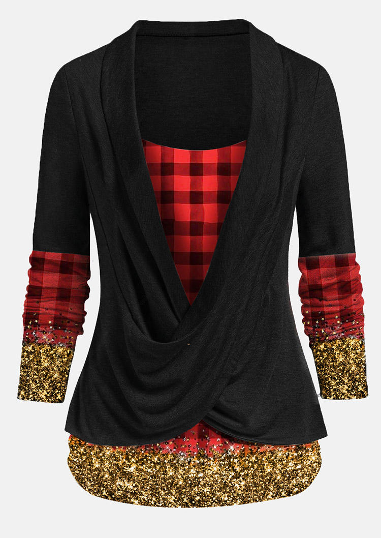 

Blouses Glitter Plaid Long Sleeve Fake Two-Piece Blouse in Black. Size: L,M,,XL