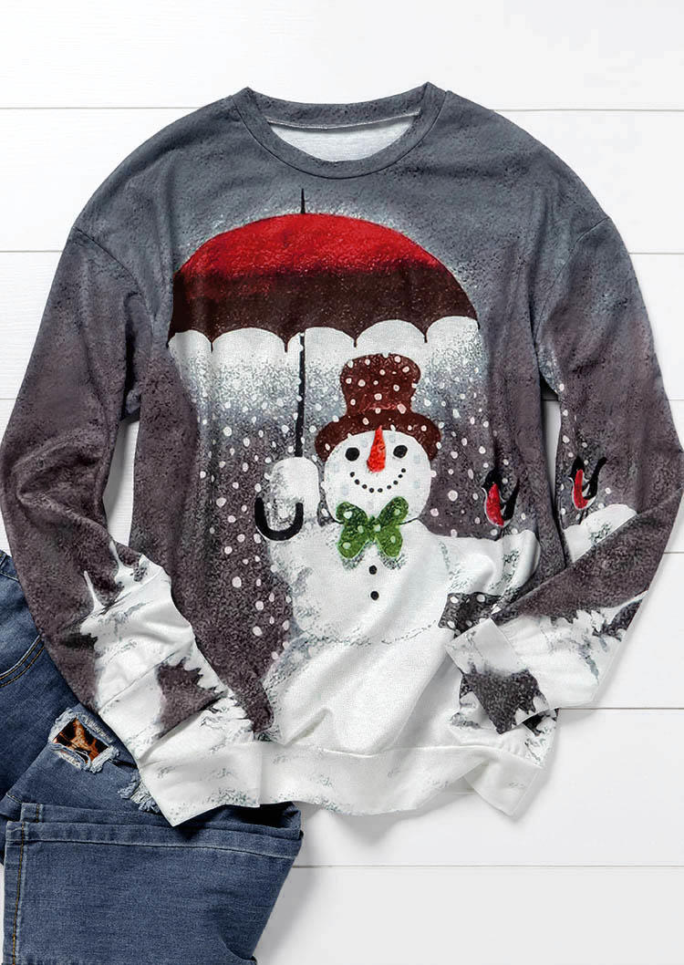 Christmas Snowman Drop Shoulder Pullover Sweatshirt - Gray