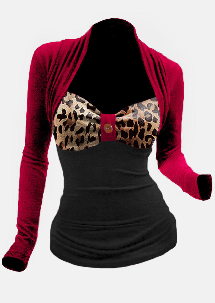 Blouses Color Block Leopard Button Long Sleeve Blouse in Multicolor. Size: 2XL,3XL,L,M,S,XL