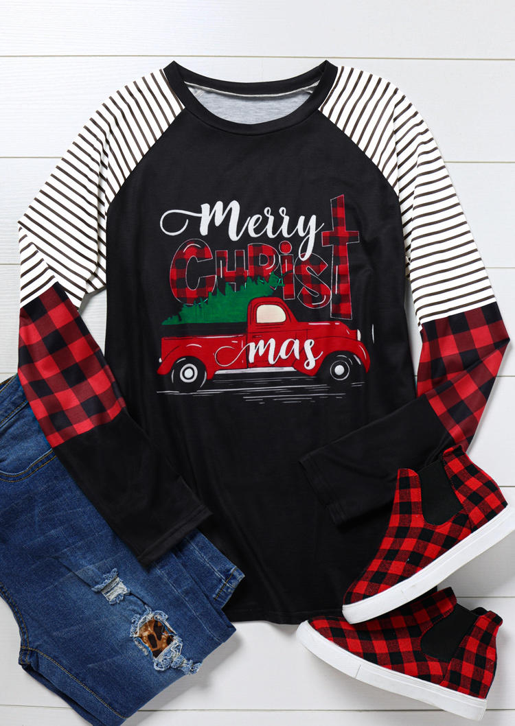 T-shirts Tees Merry Christmas Tree Plaid Striped Truck T-Shirt Tee in Black. Size: L,M,S